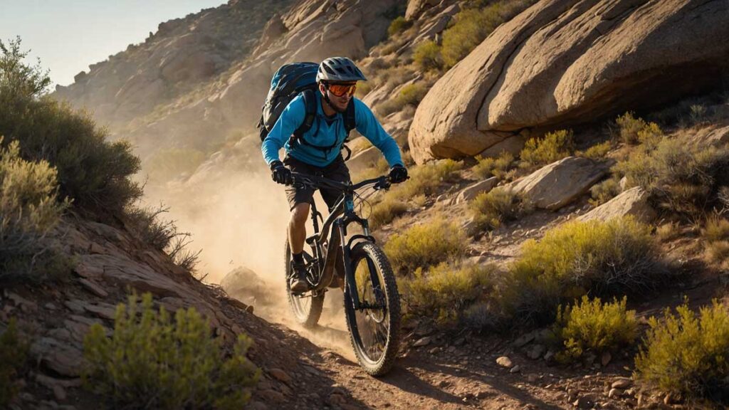 Camper riding a mountain bike on rugged off-road terrain