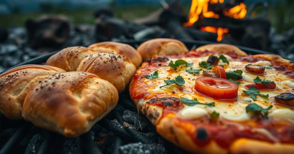 Freshly baked bread and campfire pizza on a grill