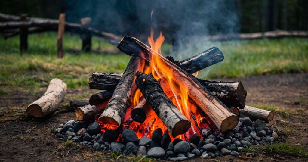 Building a fire for cooking with rocks and hot coals