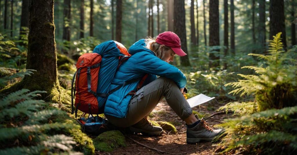 Camper reviewing a gear checklist beside a fully packed hiking backpack before leaving the campsite