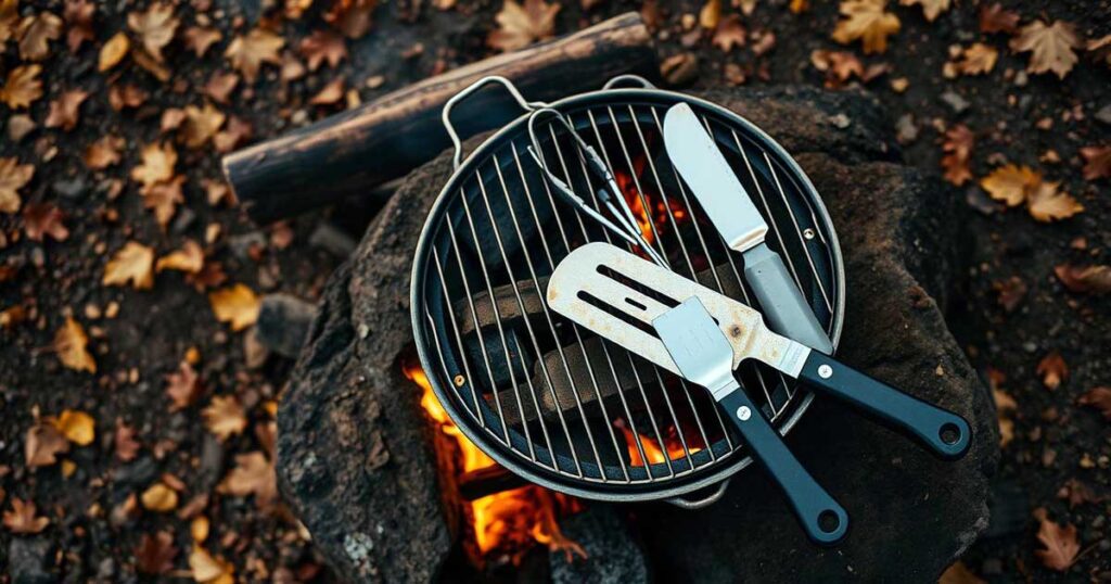 Essential outdoor cooking tools arranged neatly