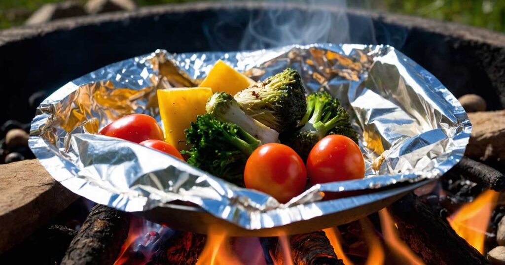 Foil packet meal cooking over an open fire