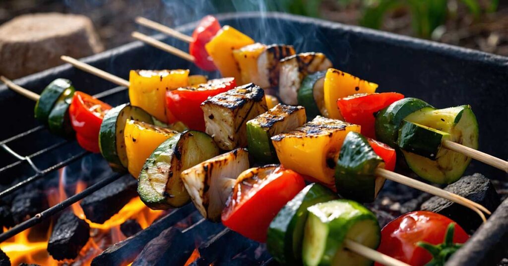 Vegetable skewers grilling over a campfire