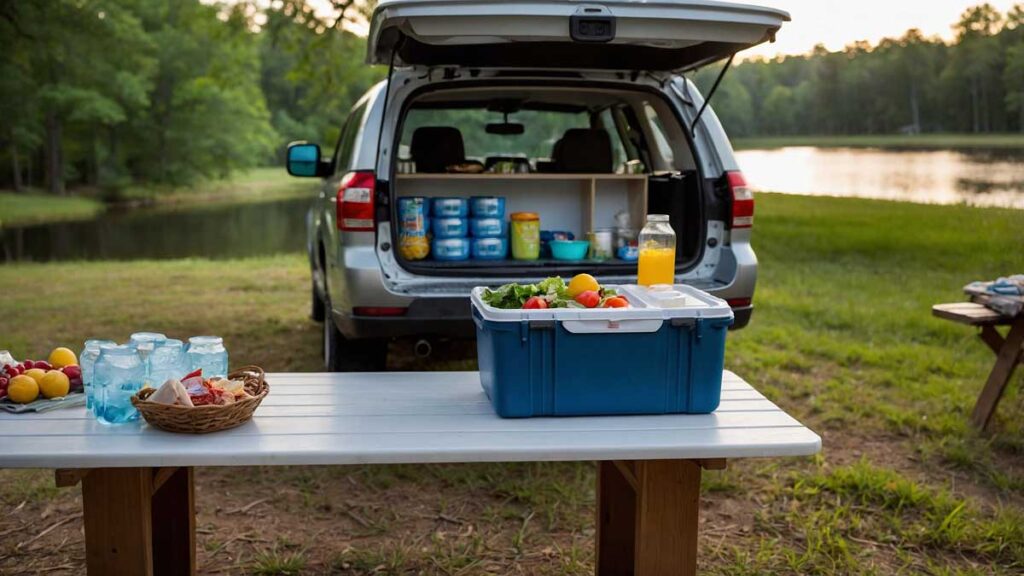 Camper setting up a cooler outdoors with organized layers of ice and food items