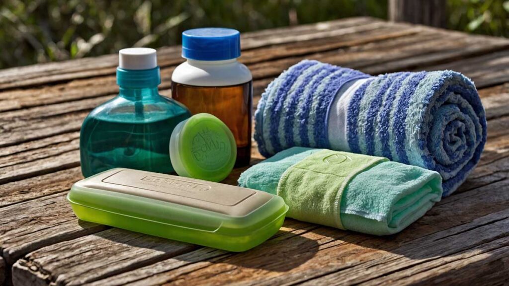 Portable toiletries and hygiene supplies arranged neatly at a campsite