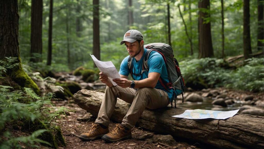 Camper studying a map outdoors to choose a camping destination