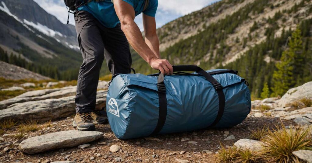 Camper placing a rolled tent into a cylindrical stuff sack and securing it with straps.