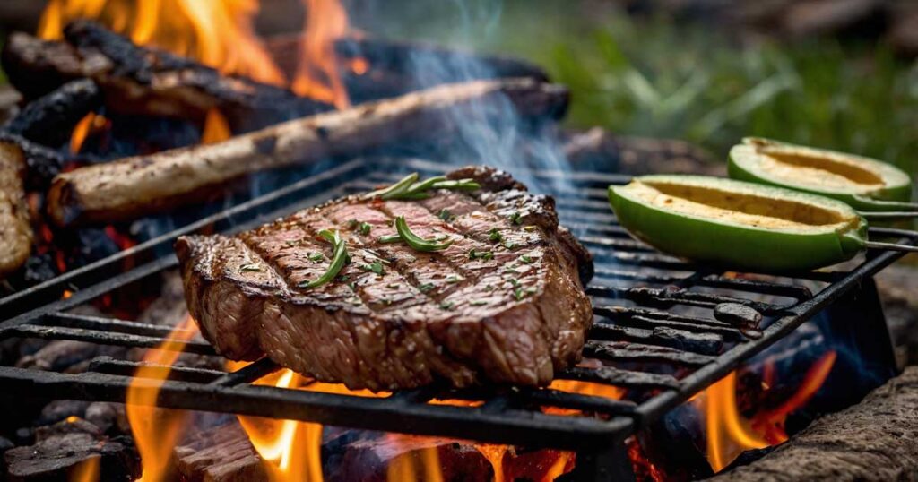 Food directly grilling on an open campfire grate