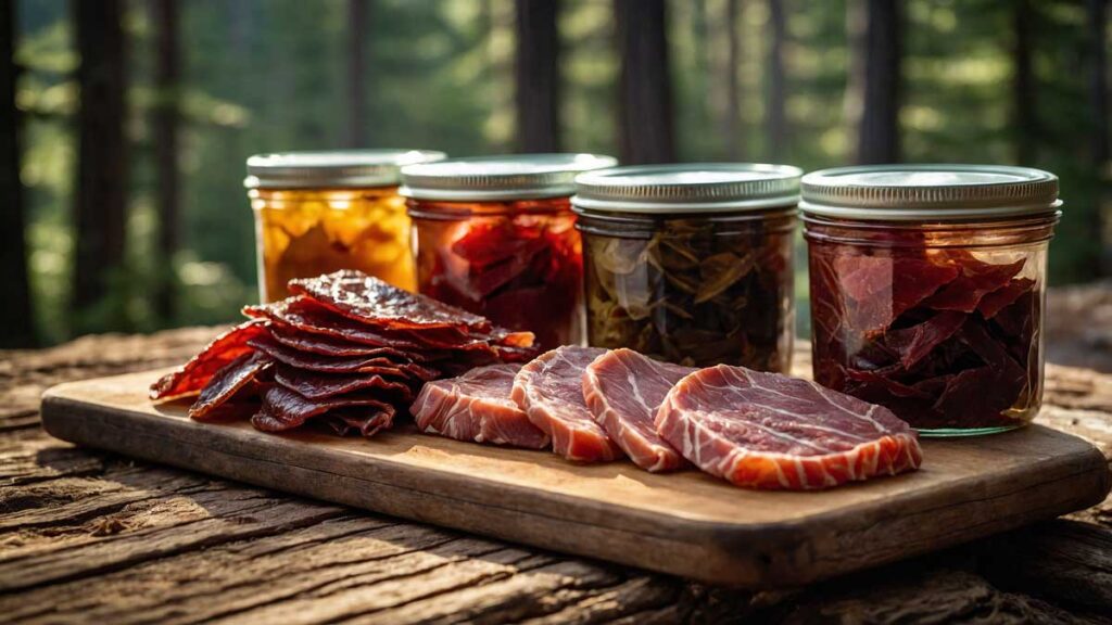 Assorted dried meats and jerky, including beef, turkey, chicken, salmon, and venison, arranged on a wooden table at a campsite with camping gear and a forest in the background.