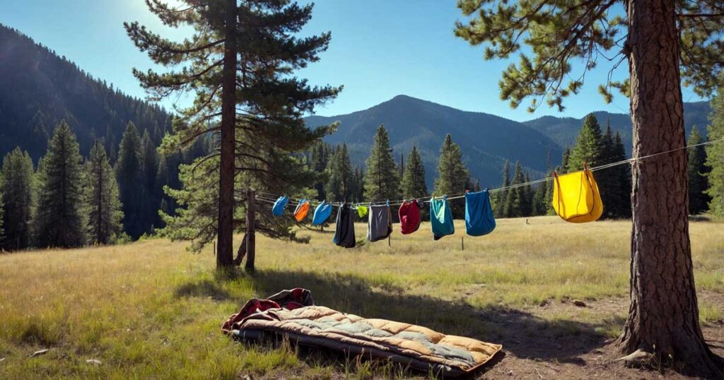 A sleeping bag drying on a clothesline in the sun after cleaning