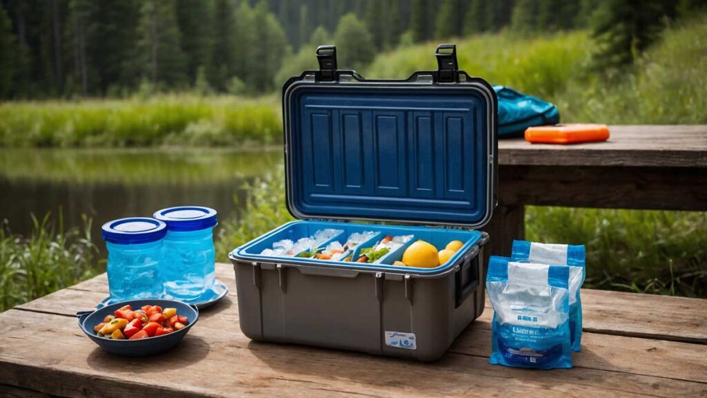 Close-up of a hard-sided cooler, ice packs, and insulated bags arranged on a camping table