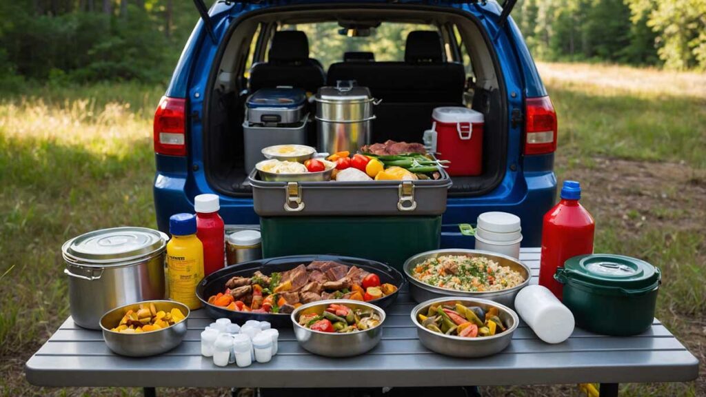 Bulk food supplies and extended cooking gear neatly arranged outdoors