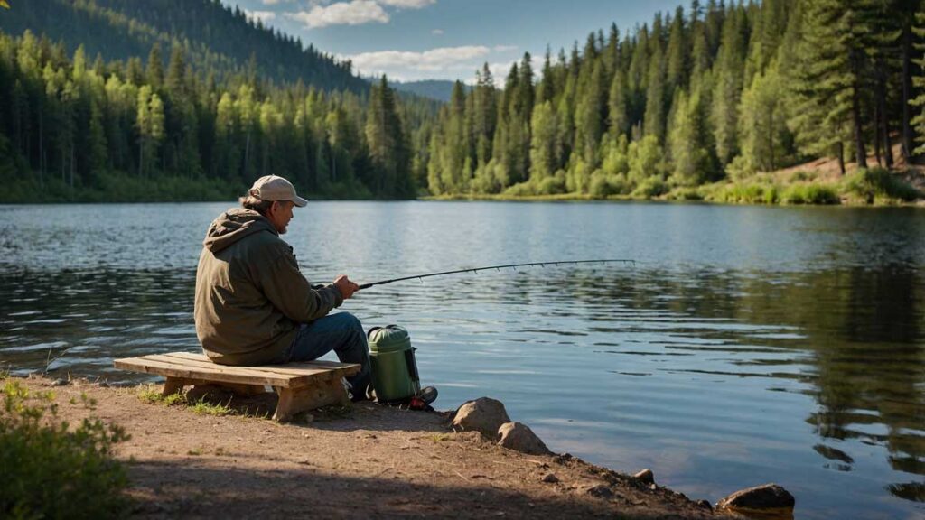 Camper patiently fishing by a serene lake in nature