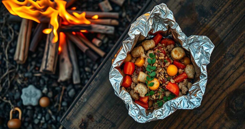 Foil packet meal cooking over an open campfire