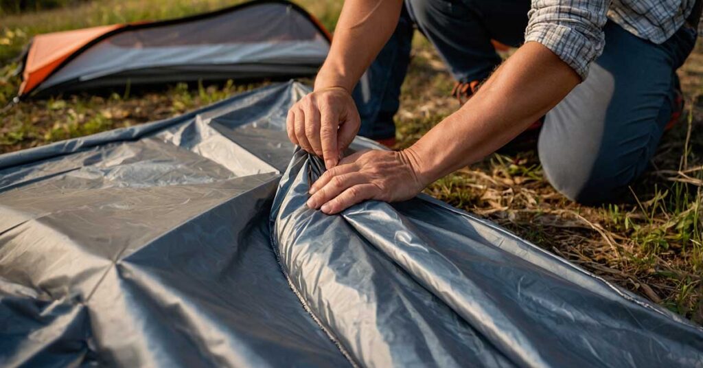 folding and rolling of a backpacking tent on a flat surface