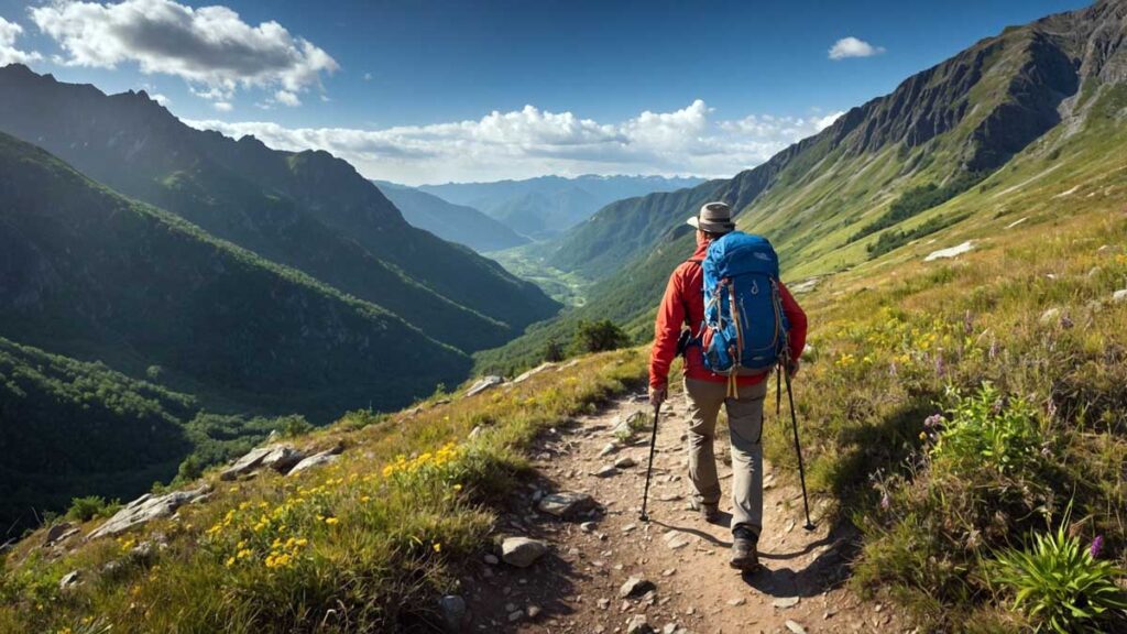 Camper hiking on a scenic trail surrounded by nature