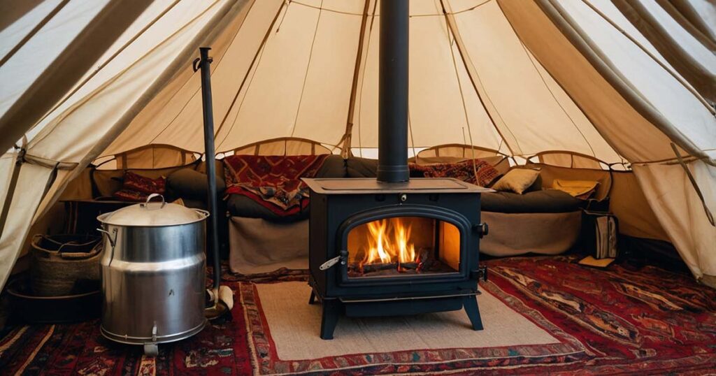 Cozy hot tent interior with a stove jack