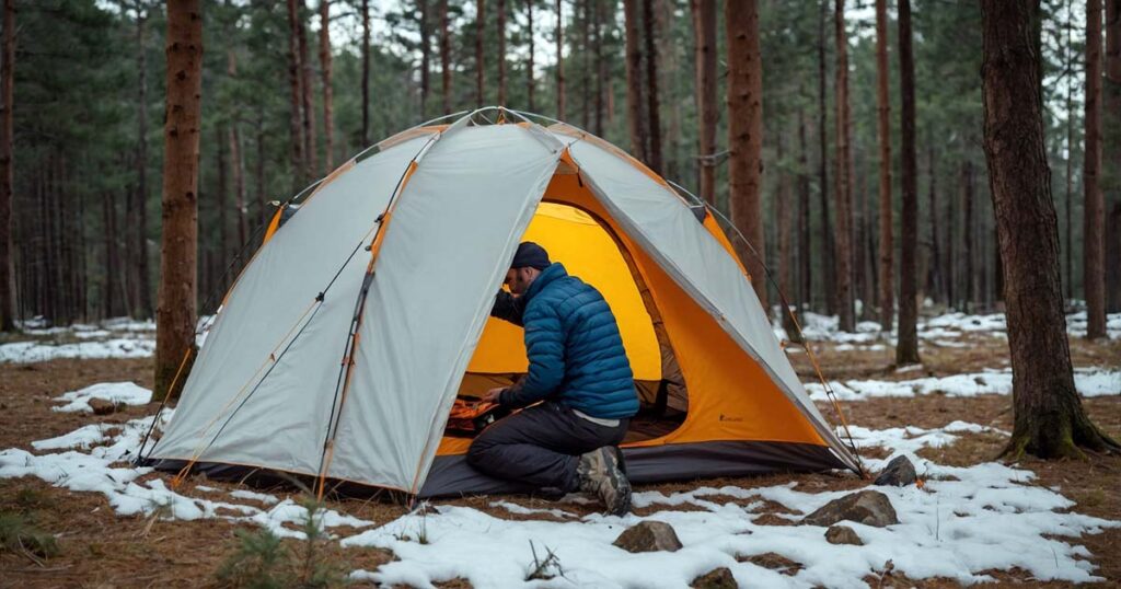 Step-by-step hot tent setup at a campsite