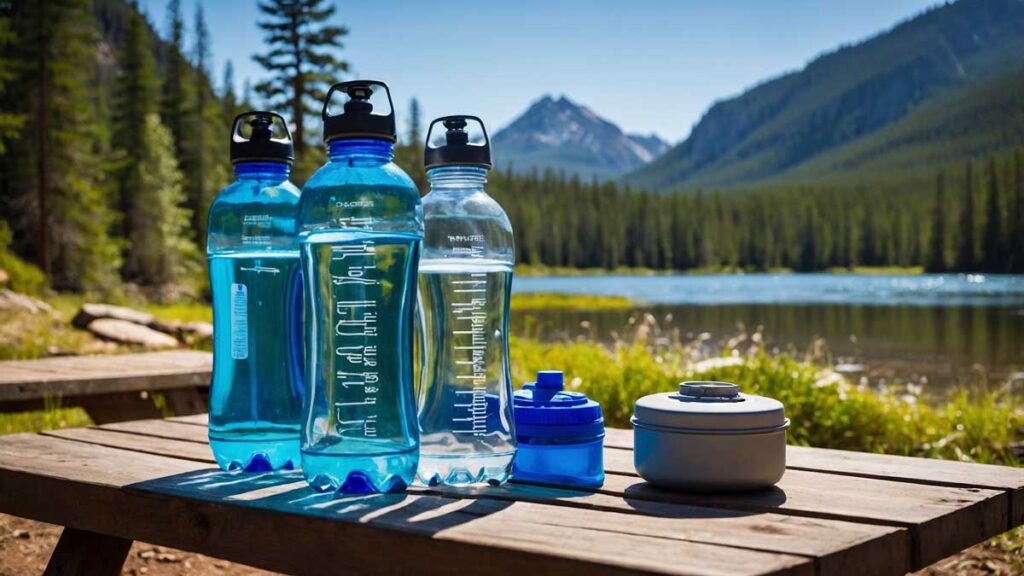 Reusable water bottles and portable water filter on a campsite table