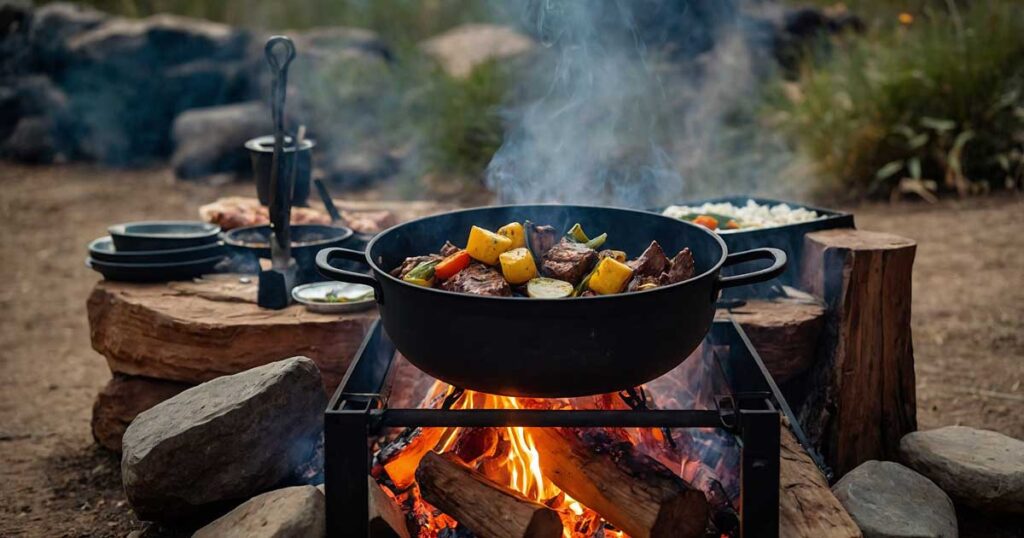 Food slowly cooking using indirect heat at a campfire