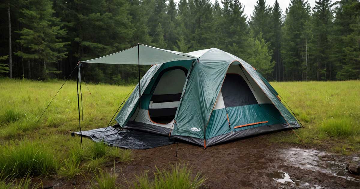 a complete camping setup with a tent and installed rain fly on a natural campsite