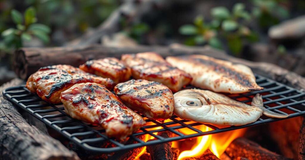 Grilled meats and proteins over a campfire