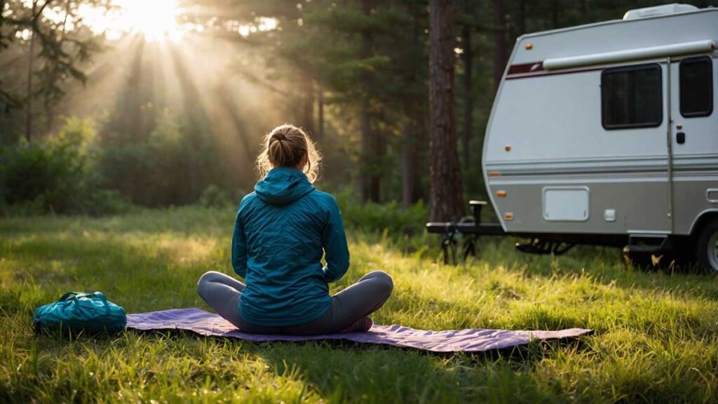 Camper enjoying a peaceful morning stretch outdoors