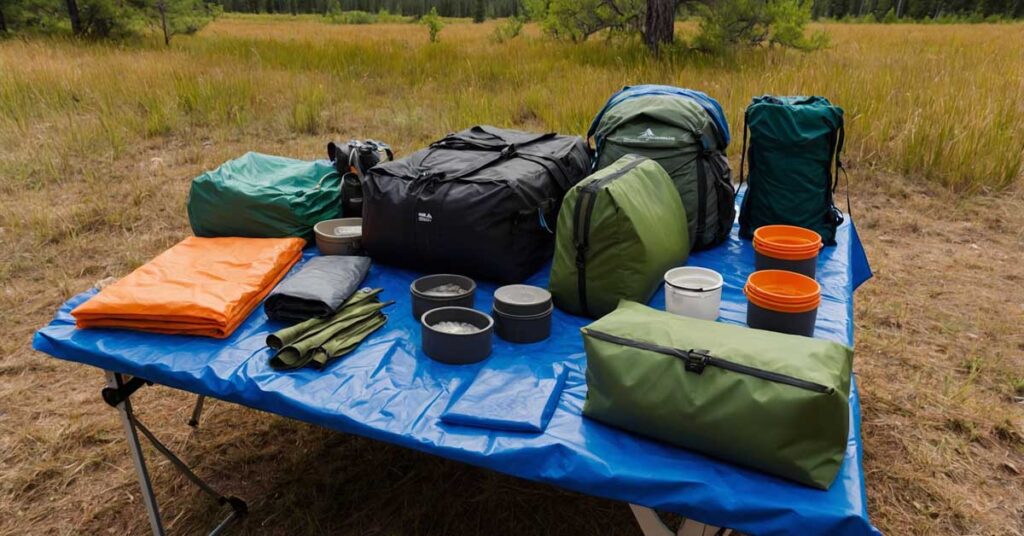 Organized backpacking tent components in separate packing bags