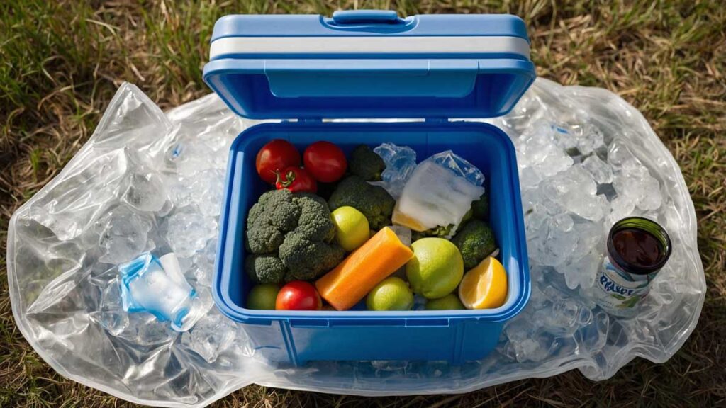 Well-packed cooler with layered food and ice packs for optimal cold retention