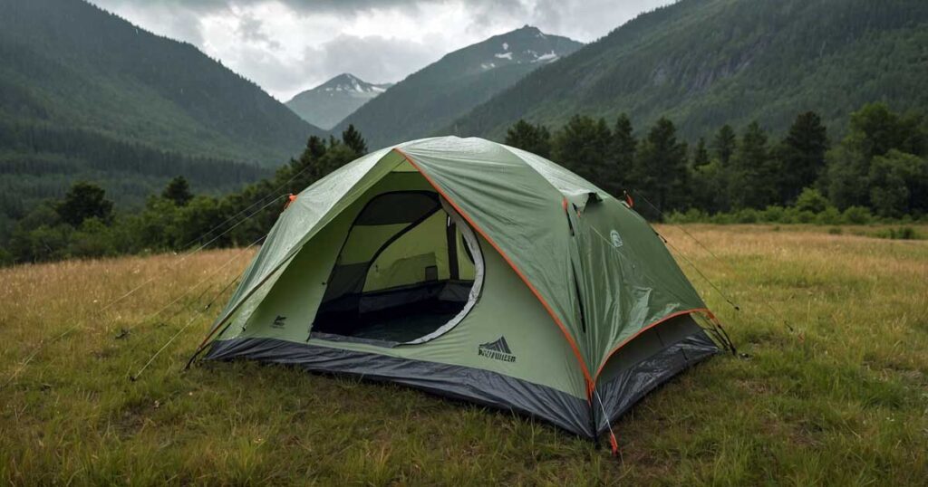 a tent rain fly displaying detailed ventilation features and mesh panels