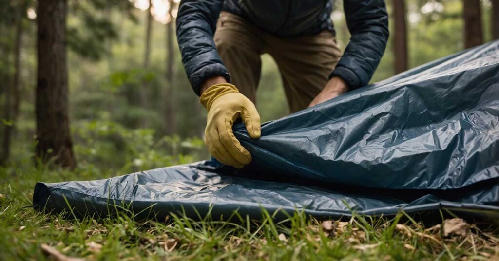 Camper rolling a lightweight tent tightly on the ground for compact packing.