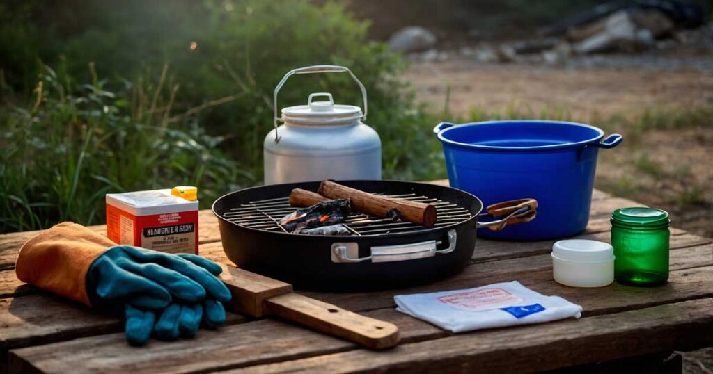 Campfire cooking safety setup with hygiene supplies