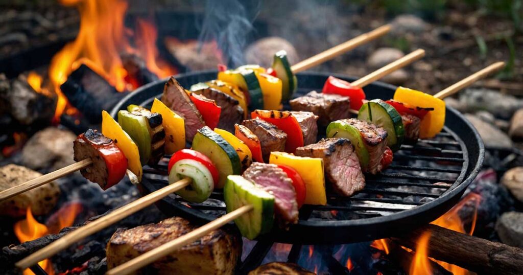 Colorful skewers of meat and vegetables over a campfire