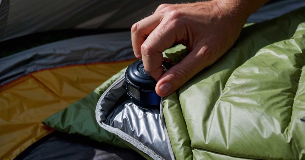 Camper inserting a sleeping bag liner to keep the bag clean and extend its lifespan