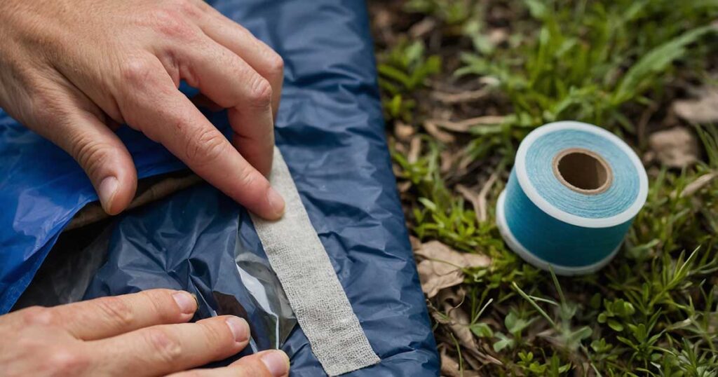 Camper repairing a small tear in a sleeping bag using fabric repair tape