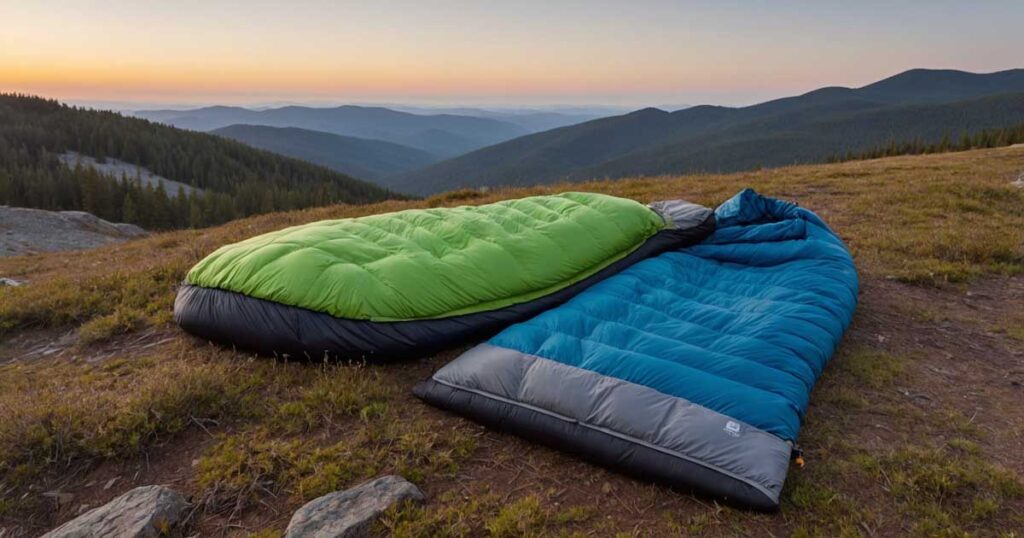 Different types of sleeping bags—synthetic vs. down—showing insulation materials