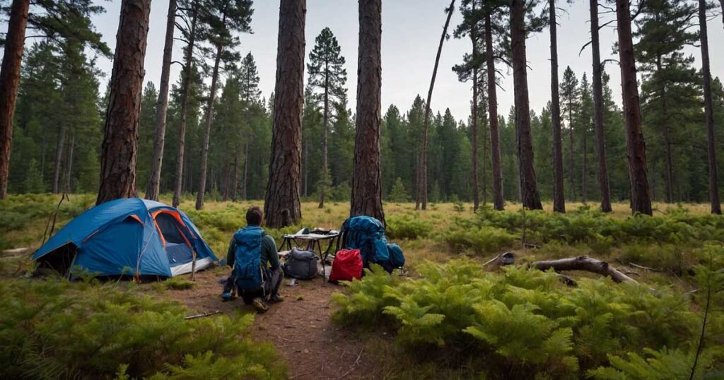 Solo camper setting up a tent while staying aware of their surroundings in a forest.