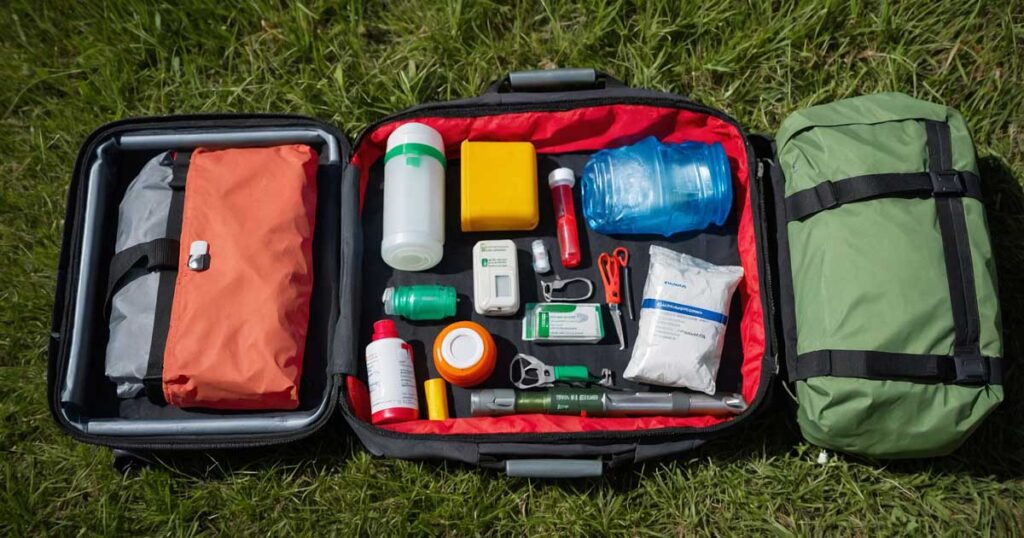 Essential camping gear for solo campers, including first aid kit, flashlight, and emergency shelter.