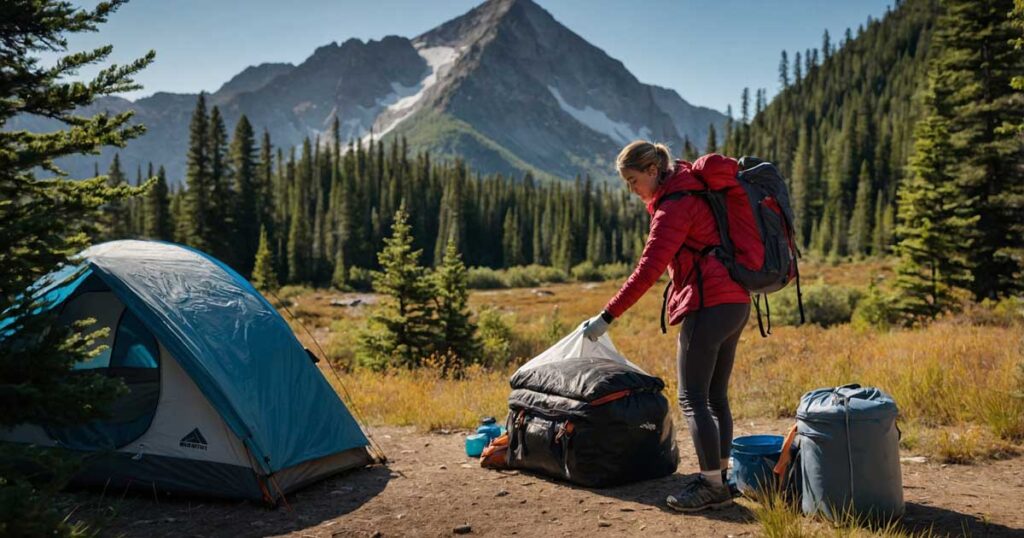 Solo camper practicing Leave No Trace principles by cleaning up their campsite