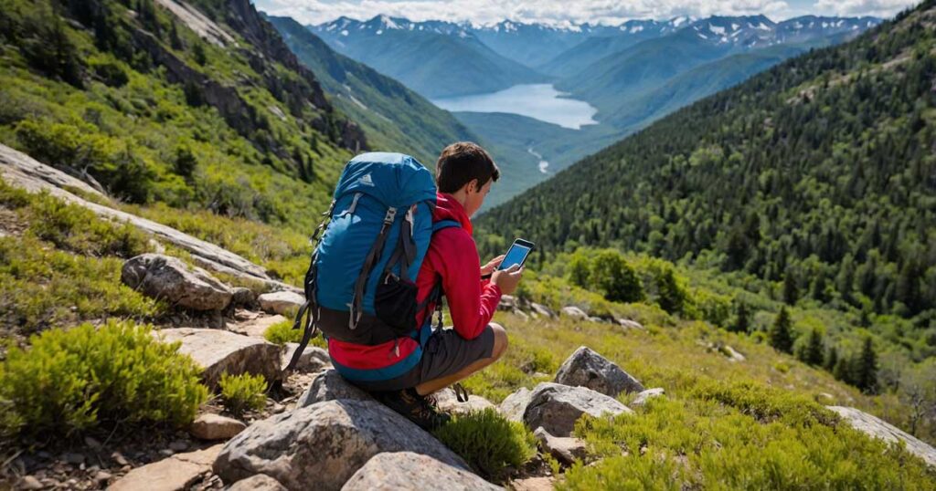 Solo camper using a GPS device for navigation during a hiking trip