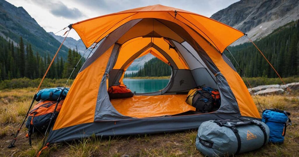 Inside view of a spacious two-person backpacking tent with storage pockets and sleeping bags.