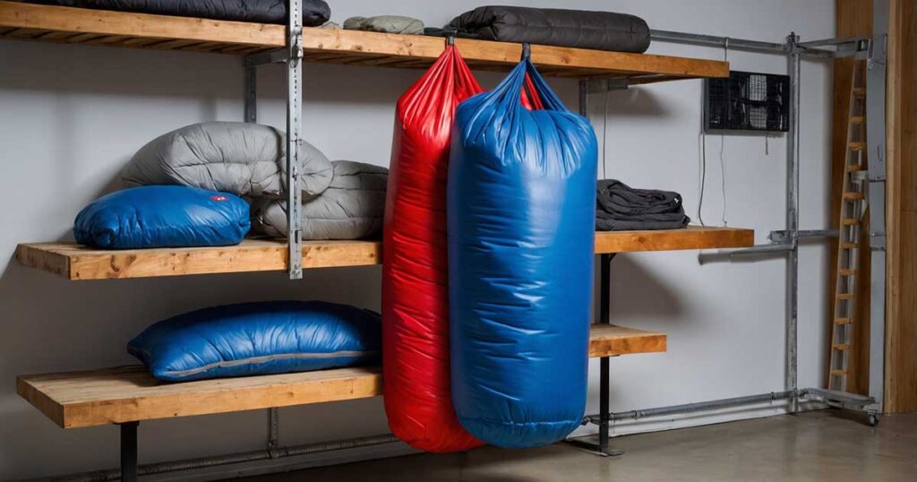 Correct way to store a sleeping bag—hanging freely or in a breathable storage sack.