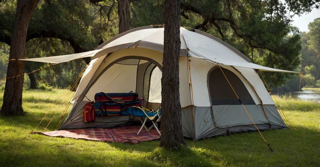 Camping tent air-drying on a clean, shaded drying rack outdoors