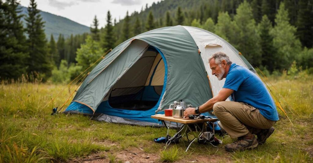 Camper inspecting a tent with care and focus in a natural setting