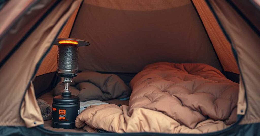 Cozy tent interior with layered sleeping gear and propane heater