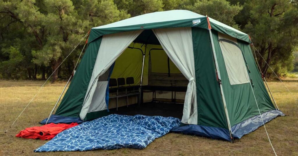 tent vestibule being cleaned and organized