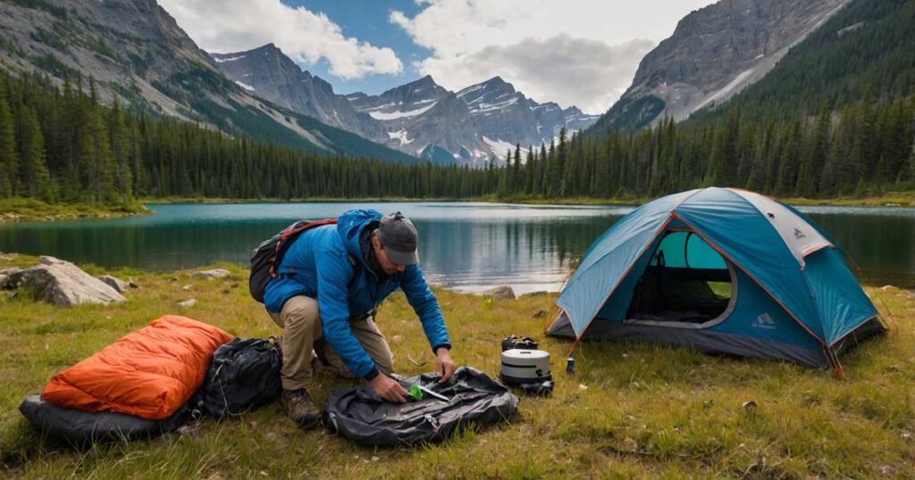 A camper setting up an ultralight 2 person backpacking tent with a compact, portable design.