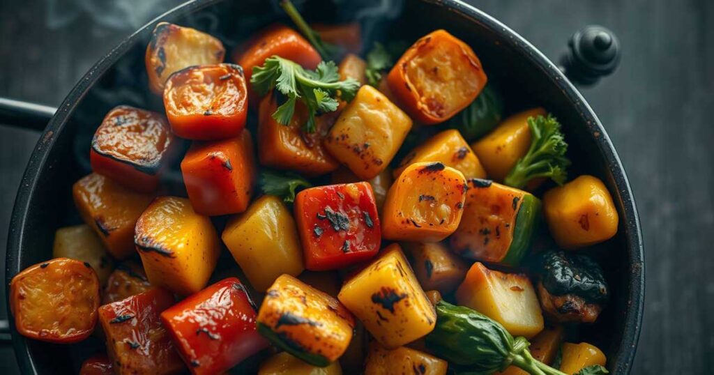 Assorted vegetables being grilled over a campfire