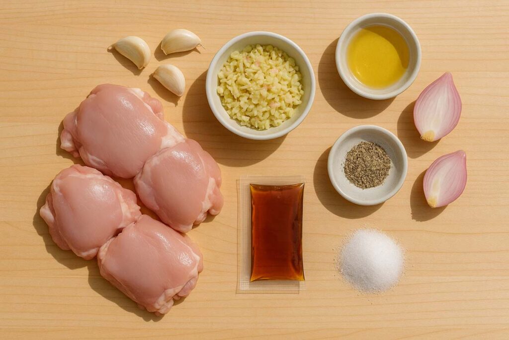 ingredients for grilled lemongrass chicken arranged on wooden board