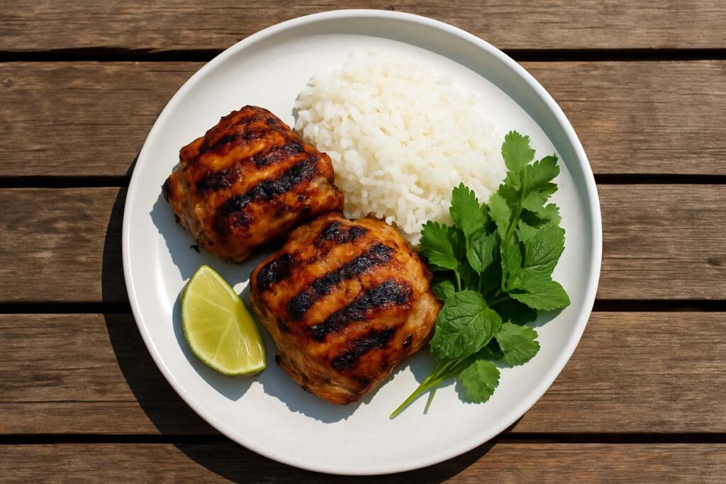 plated grilled lemongrass chicken with rice and herbs